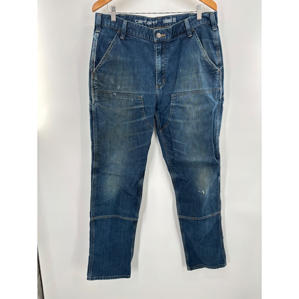 Carhartt Mens 36x34 Double Knee Front Workwear‎ Light Faded Distressed Denim